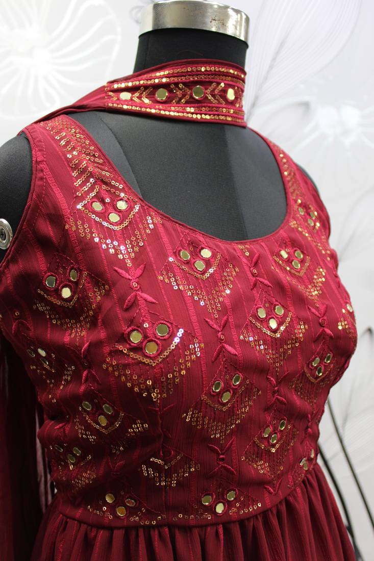 MAROON THREAD AND SEQUINCE EMBROIDERED WORK GEORGETTE ANARKALI LONG SALWAR SUIT DUPATTA STITCHED GOWN