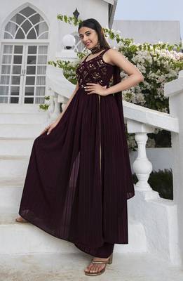 PURPLE THREAD AND SEQUINCE EMBROIDERED WORK GEORGETTE ANARKALI LONG SALWAR SUIT DUPATTA STITCHED GOWN 1