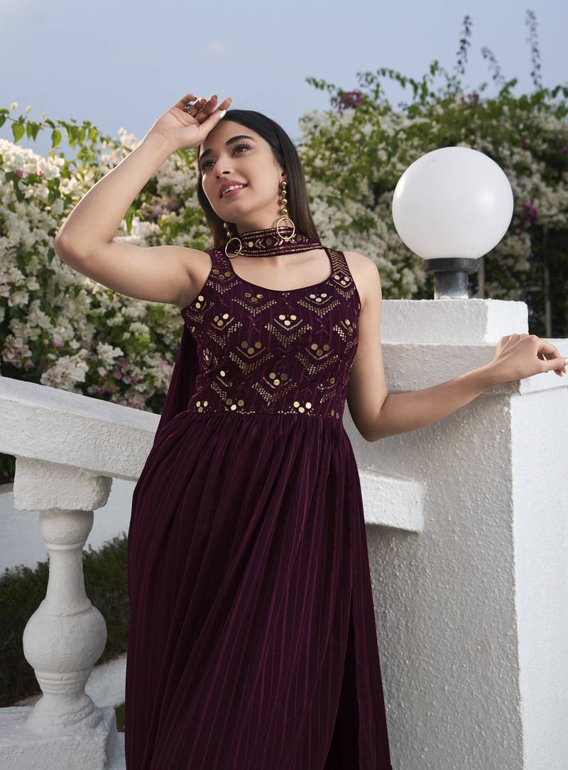 PURPLE THREAD AND SEQUINCE EMBROIDERED WORK GEORGETTE ANARKALI LONG SALWAR SUIT DUPATTA STITCHED GOWN