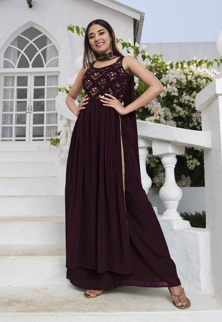 PURPLE THREAD AND SEQUINCE EMBROIDERED WORK GEORGETTE ANARKALI LONG SALWAR SUIT DUPATTA STITCHED GOWN