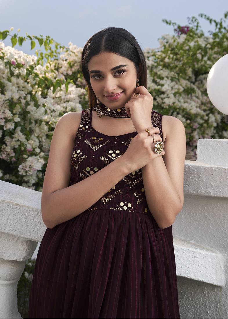 PURPLE THREAD AND SEQUINCE EMBROIDERED WORK GEORGETTE ANARKALI LONG SALWAR SUIT DUPATTA STITCHED GOWN