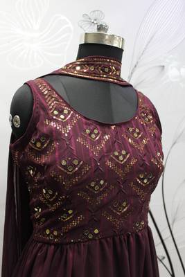 PURPLE THREAD AND SEQUINCE EMBROIDERED WORK GEORGETTE ANARKALI LONG SALWAR SUIT DUPATTA STITCHED GOWN 5