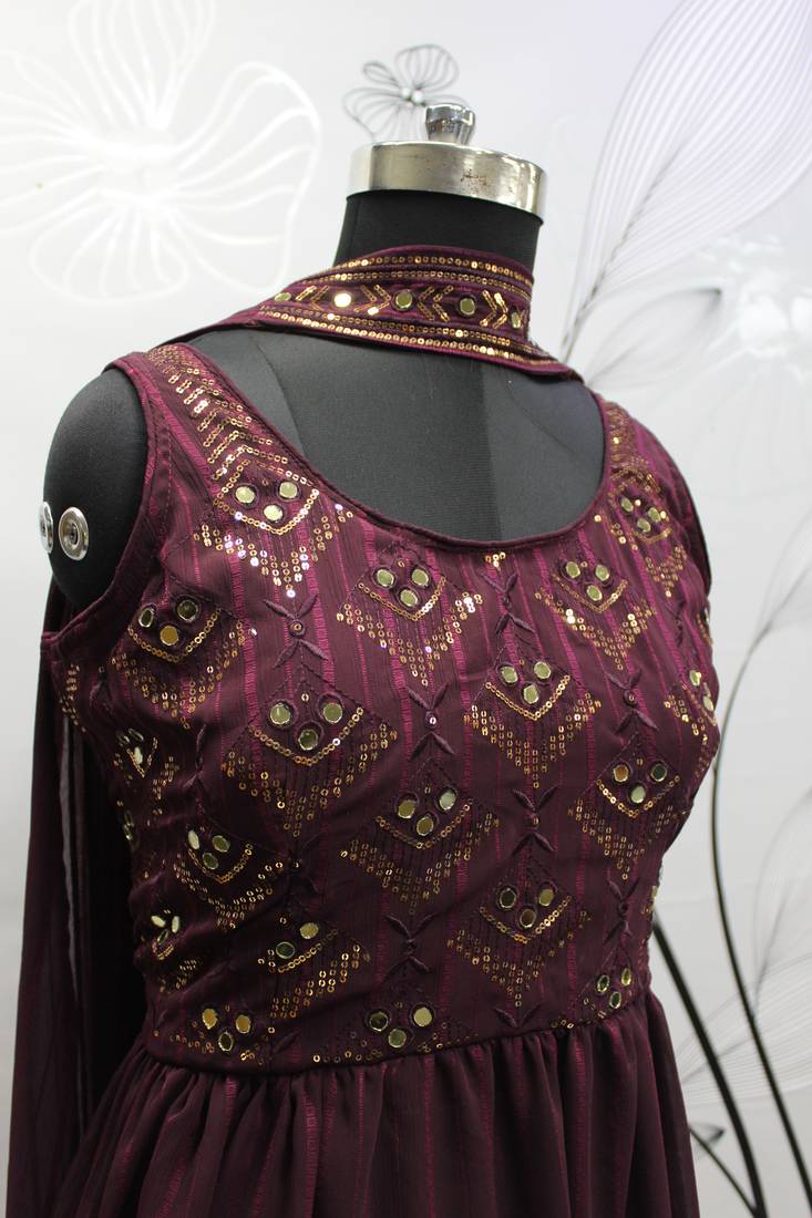 PURPLE THREAD AND SEQUINCE EMBROIDERED WORK GEORGETTE ANARKALI LONG SALWAR SUIT DUPATTA STITCHED GOWN