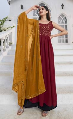 RED THREAD AND SEQUINCE EMBROIDERED WORK GEORGETTE ANARKALI LONG SALWAR SUIT DUPATTA STITCHED GOWN 1