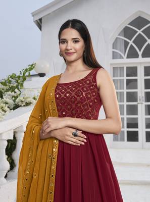 RED THREAD AND SEQUINCE EMBROIDERED WORK GEORGETTE ANARKALI LONG SALWAR SUIT DUPATTA STITCHED GOWN 3