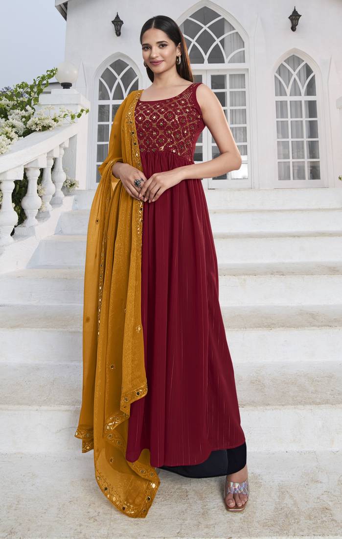 RED THREAD AND SEQUINCE EMBROIDERED WORK GEORGETTE ANARKALI LONG SALWAR SUIT DUPATTA STITCHED GOWN