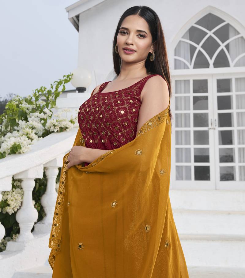 RED THREAD AND SEQUINCE EMBROIDERED WORK GEORGETTE ANARKALI LONG SALWAR SUIT DUPATTA STITCHED GOWN