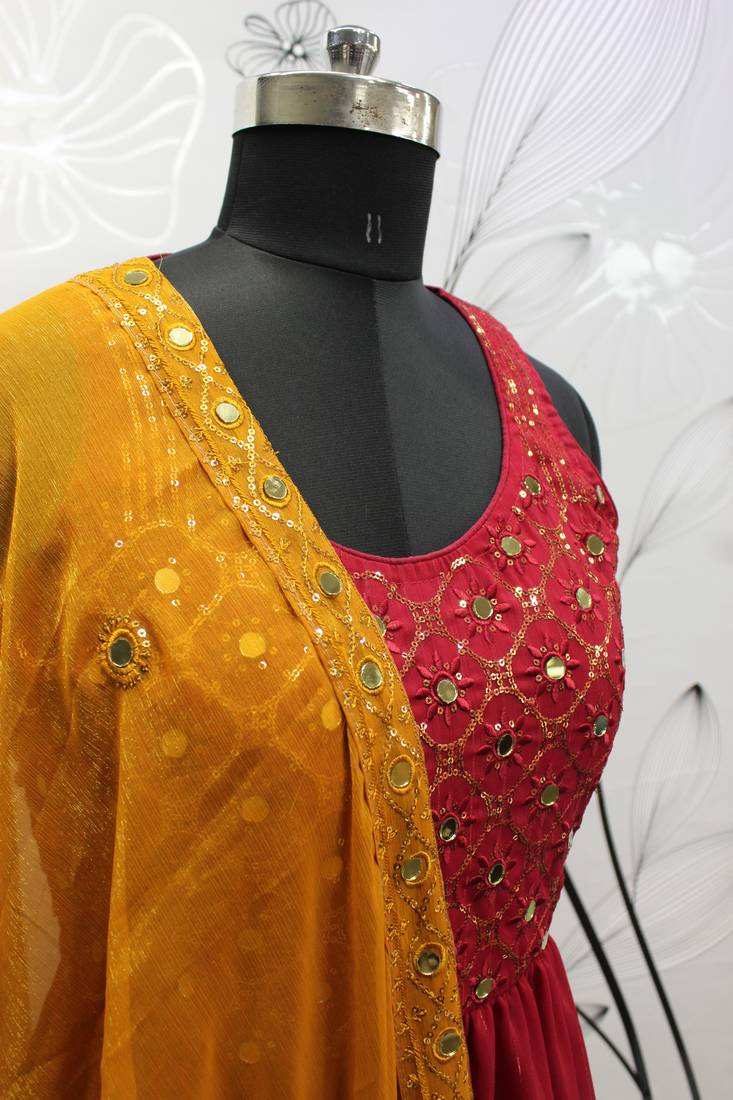 RED THREAD AND SEQUINCE EMBROIDERED WORK GEORGETTE ANARKALI LONG SALWAR SUIT DUPATTA STITCHED GOWN