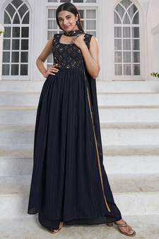 BLUE THREAD AND SEQUINCE EMBROIDERED WORK GEORGETTE ANARKALI LONG SALWAR SUIT DUPATTA STITCHED GOWN