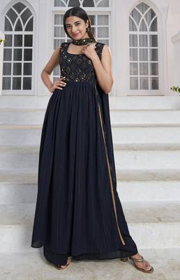 BLUE THREAD AND SEQUINCE EMBROIDERED WORK GEORGETTE ANARKALI LONG SALWAR SUIT DUPATTA STITCHED GOWN 1