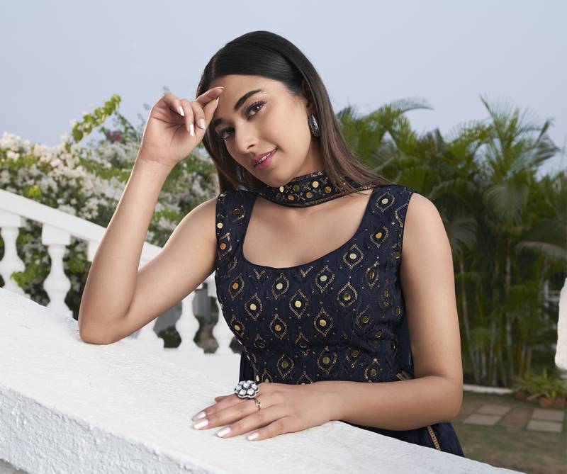 BLUE THREAD AND SEQUINCE EMBROIDERED WORK GEORGETTE ANARKALI LONG SALWAR SUIT DUPATTA STITCHED GOWN