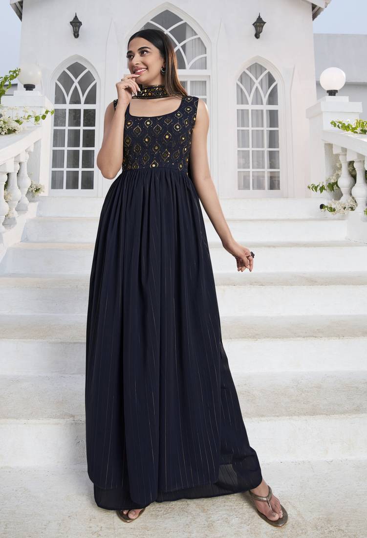 BLUE THREAD AND SEQUINCE EMBROIDERED WORK GEORGETTE ANARKALI LONG SALWAR SUIT DUPATTA STITCHED GOWN