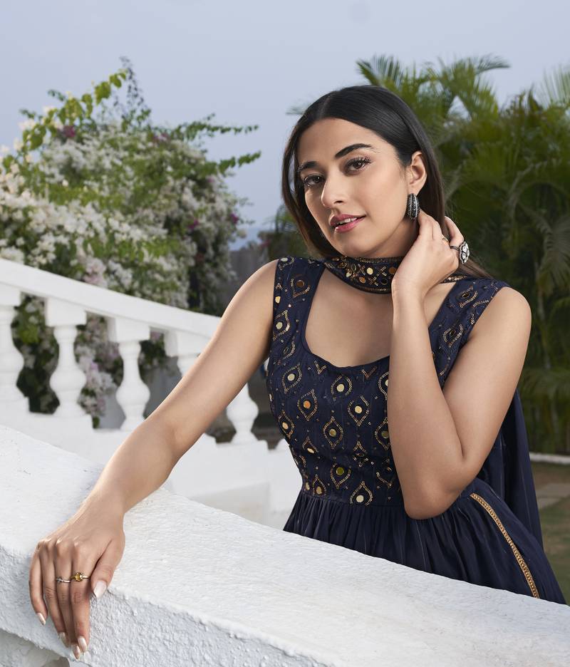 BLUE THREAD AND SEQUINCE EMBROIDERED WORK GEORGETTE ANARKALI LONG SALWAR SUIT DUPATTA STITCHED GOWN