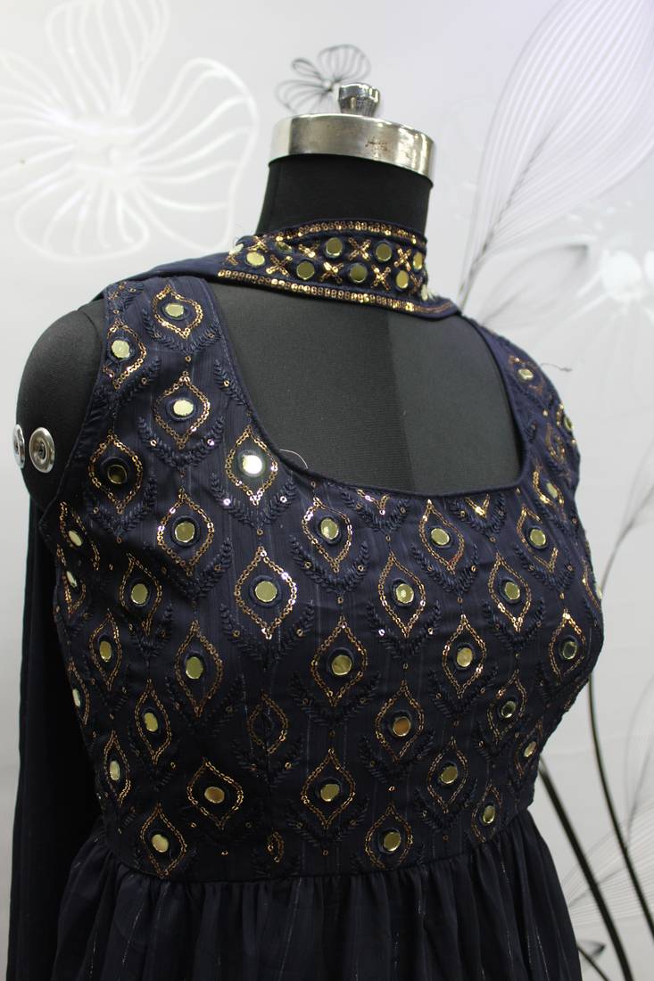 BLUE THREAD AND SEQUINCE EMBROIDERED WORK GEORGETTE ANARKALI LONG SALWAR SUIT DUPATTA STITCHED GOWN