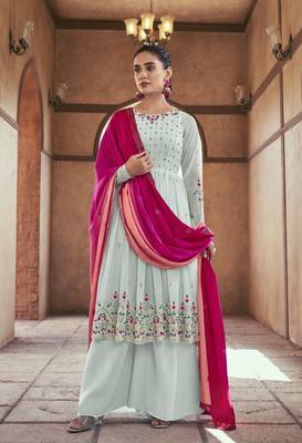 SKY BLUE THREAD AND SEQUINCE EMBROIDERED WITH MIRROR WORK GEORGETTE ANARKALI LONG SALWAR SUIT DUPATTA STITCHED GOWN 1