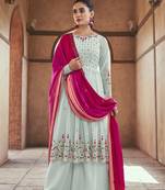 SKY BLUE THREAD AND SEQUINCE EMBROIDERED WITH MIRROR WORK GEORGETTE ANARKALI LONG SALWAR SUIT DUPATTA STITCHED GOWN