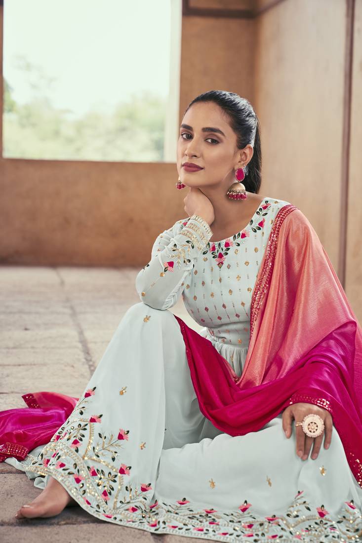 SKY BLUE THREAD AND SEQUINCE EMBROIDERED WITH MIRROR WORK GEORGETTE ANARKALI LONG SALWAR SUIT DUPATTA STITCHED GOWN