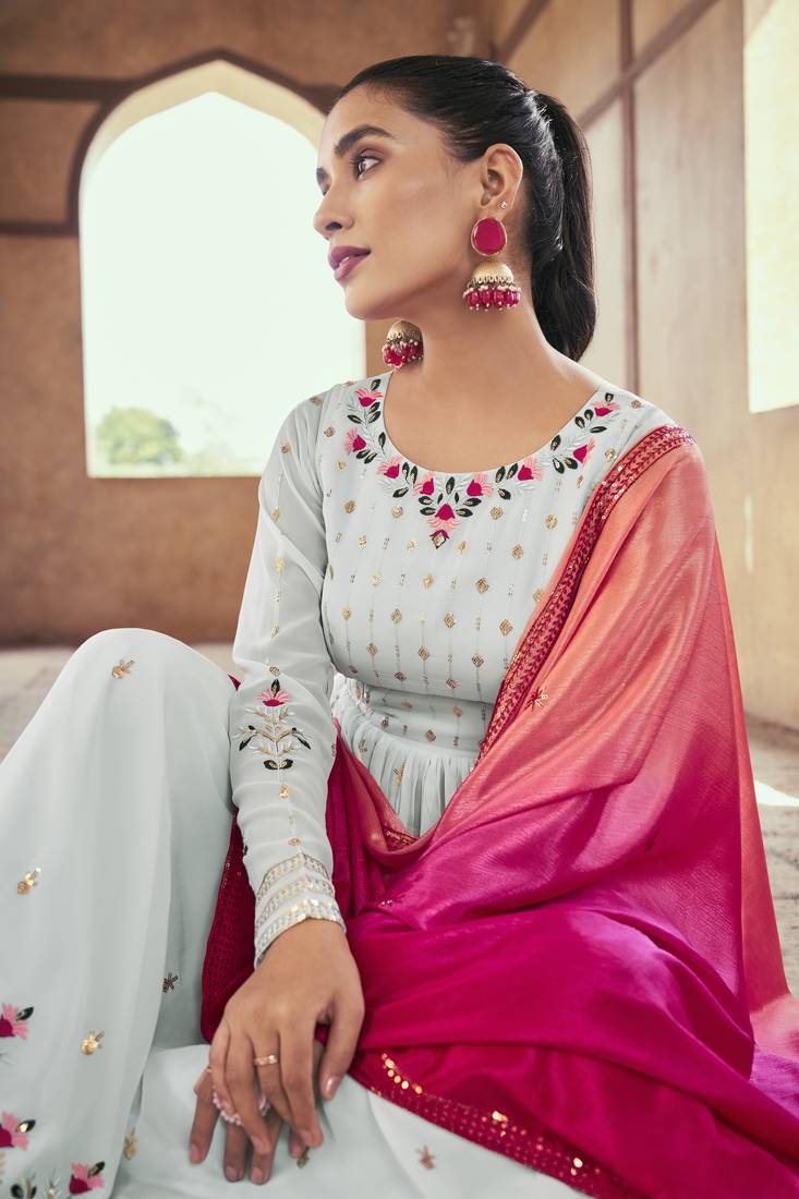 SKY BLUE THREAD AND SEQUINCE EMBROIDERED WITH MIRROR WORK GEORGETTE ANARKALI LONG SALWAR SUIT DUPATTA STITCHED GOWN