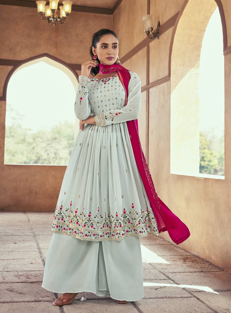 SKY BLUE THREAD AND SEQUINCE EMBROIDERED WITH MIRROR WORK GEORGETTE ANARKALI LONG SALWAR SUIT DUPATTA STITCHED GOWN