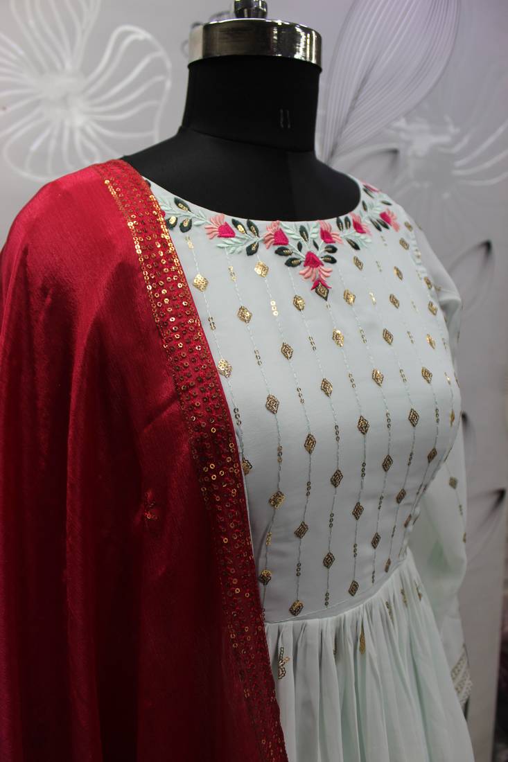 SKY BLUE THREAD AND SEQUINCE EMBROIDERED WITH MIRROR WORK GEORGETTE ANARKALI LONG SALWAR SUIT DUPATTA STITCHED GOWN