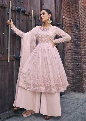 PINK THREAD AND SEQUINCE EMBROIDERED WITH MIRROR WORK GEORGETTE ANARKALI LONG SALWAR SUIT DUPATTA STITCHED GOWN 1