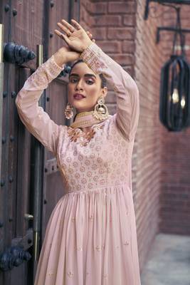 PINK THREAD AND SEQUINCE EMBROIDERED WITH MIRROR WORK GEORGETTE ANARKALI LONG SALWAR SUIT DUPATTA STITCHED GOWN 2