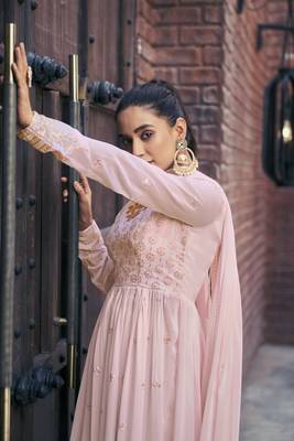 PINK THREAD AND SEQUINCE EMBROIDERED WITH MIRROR WORK GEORGETTE ANARKALI LONG SALWAR SUIT DUPATTA STITCHED GOWN 3