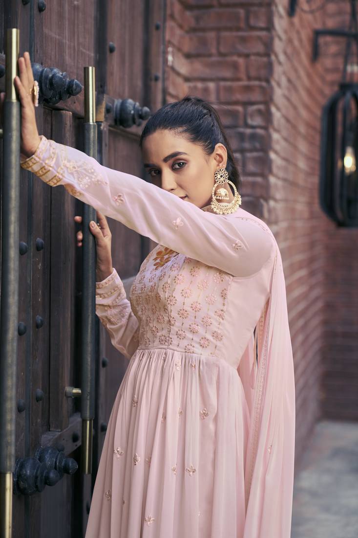 PINK THREAD AND SEQUINCE EMBROIDERED WITH MIRROR WORK GEORGETTE ANARKALI LONG SALWAR SUIT DUPATTA STITCHED GOWN