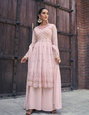 PINK THREAD AND SEQUINCE EMBROIDERED WITH MIRROR WORK GEORGETTE ANARKALI LONG SALWAR SUIT DUPATTA STITCHED GOWN 4
