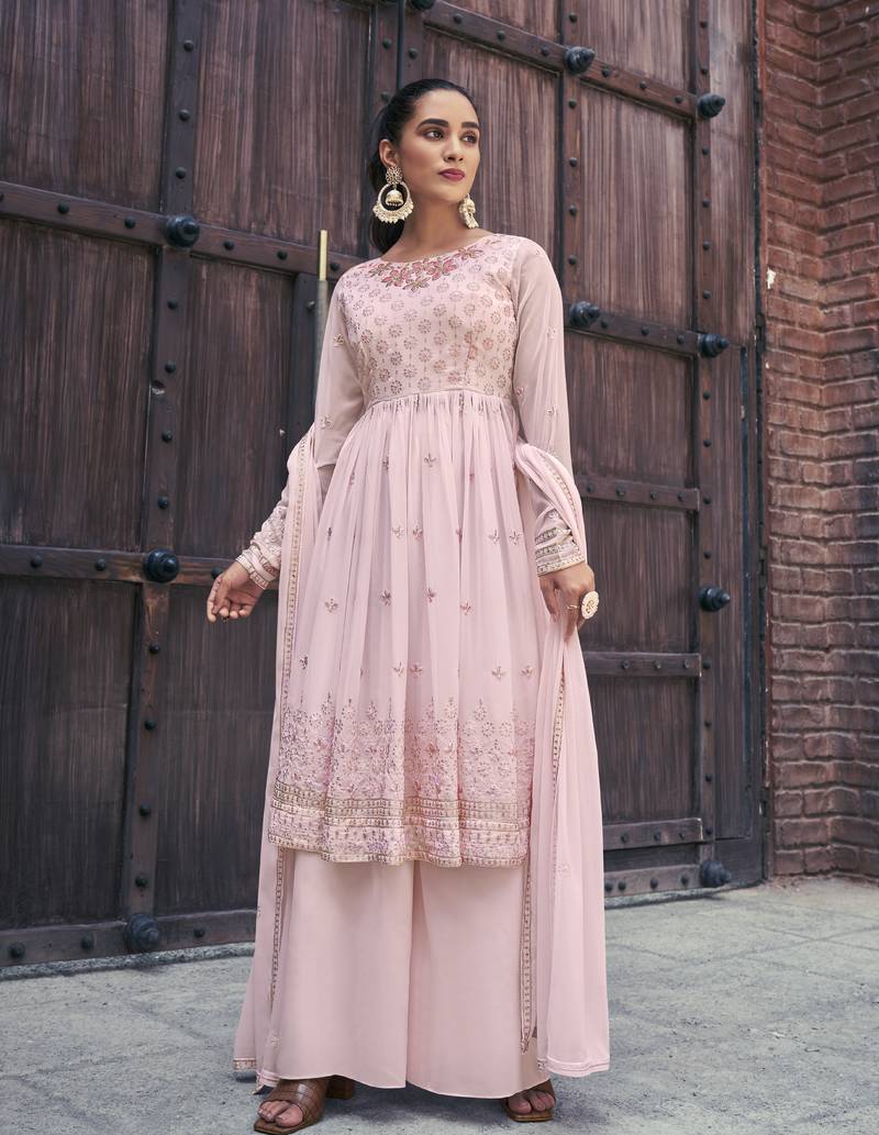 PINK THREAD AND SEQUINCE EMBROIDERED WITH MIRROR WORK GEORGETTE ANARKALI LONG SALWAR SUIT DUPATTA STITCHED GOWN