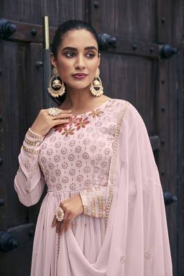 PINK THREAD AND SEQUINCE EMBROIDERED WITH MIRROR WORK GEORGETTE ANARKALI LONG SALWAR SUIT DUPATTA STITCHED GOWN 5