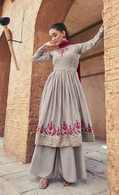GREY THREAD AND SEQUINCE EMBROIDERED WITH MIRROR WORK GEORGETTE ANARKALI LONG SALWAR SUIT DUPATTA STITCHED GOWN 1