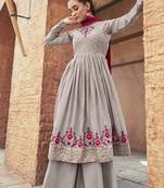 GREY THREAD AND SEQUINCE EMBROIDERED WITH MIRROR WORK GEORGETTE ANARKALI LONG SALWAR SUIT DUPATTA STITCHED GOWN