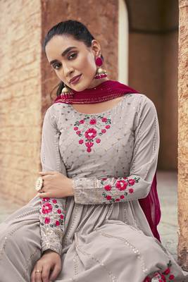 GREY THREAD AND SEQUINCE EMBROIDERED WITH MIRROR WORK GEORGETTE ANARKALI LONG SALWAR SUIT DUPATTA STITCHED GOWN 2