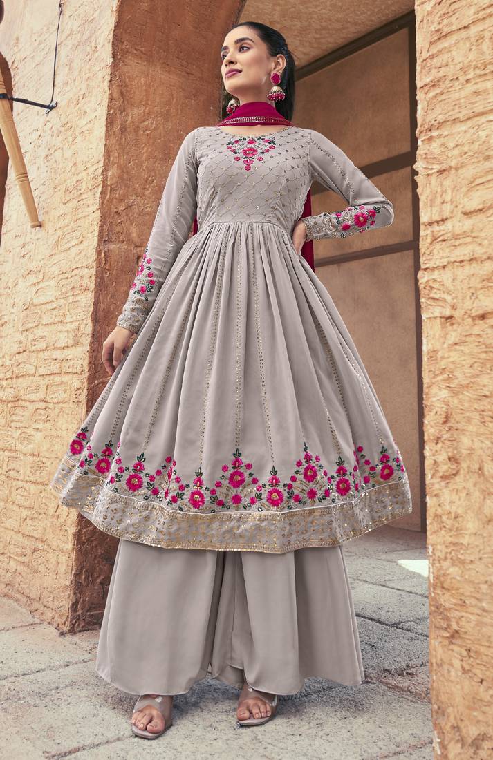 GREY THREAD AND SEQUINCE EMBROIDERED WITH MIRROR WORK GEORGETTE ANARKALI LONG SALWAR SUIT DUPATTA STITCHED GOWN