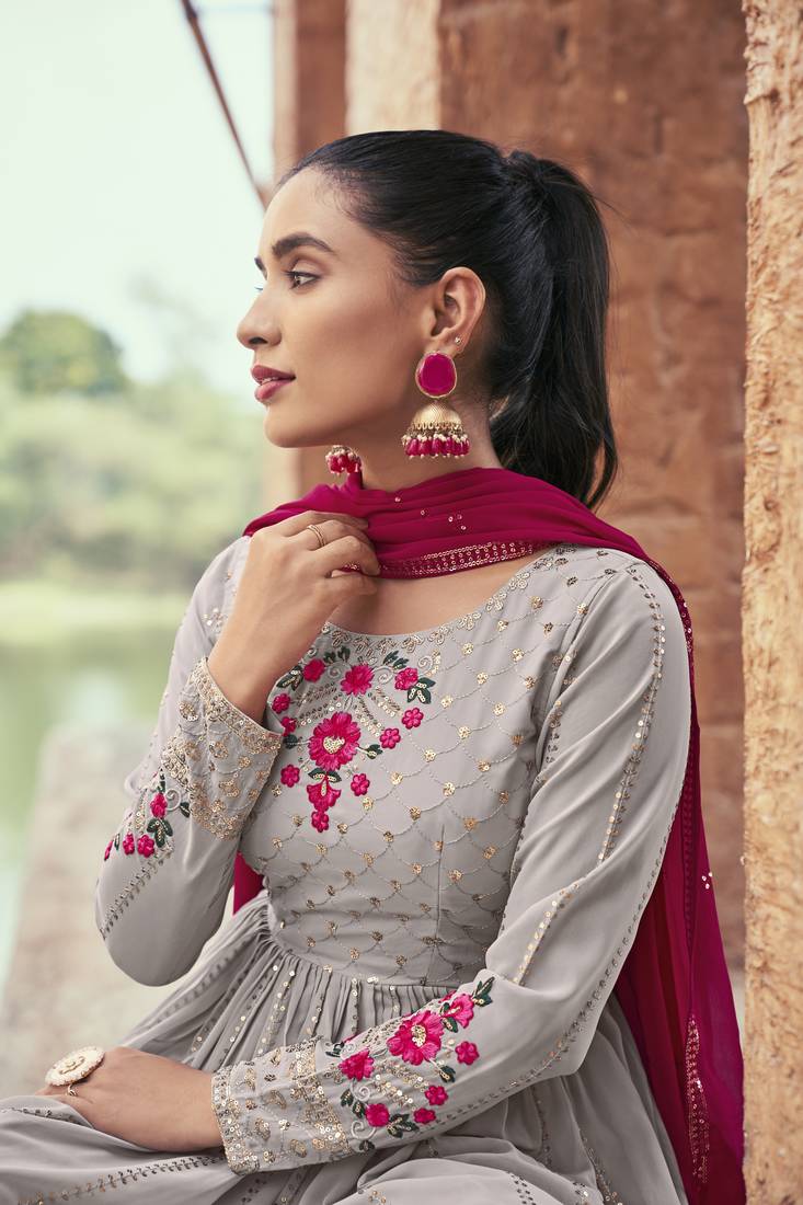GREY THREAD AND SEQUINCE EMBROIDERED WITH MIRROR WORK GEORGETTE ANARKALI LONG SALWAR SUIT DUPATTA STITCHED GOWN