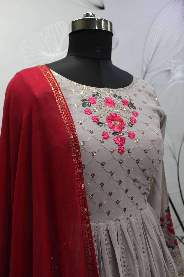 GREY THREAD AND SEQUINCE EMBROIDERED WITH MIRROR WORK GEORGETTE ANARKALI LONG SALWAR SUIT DUPATTA STITCHED GOWN