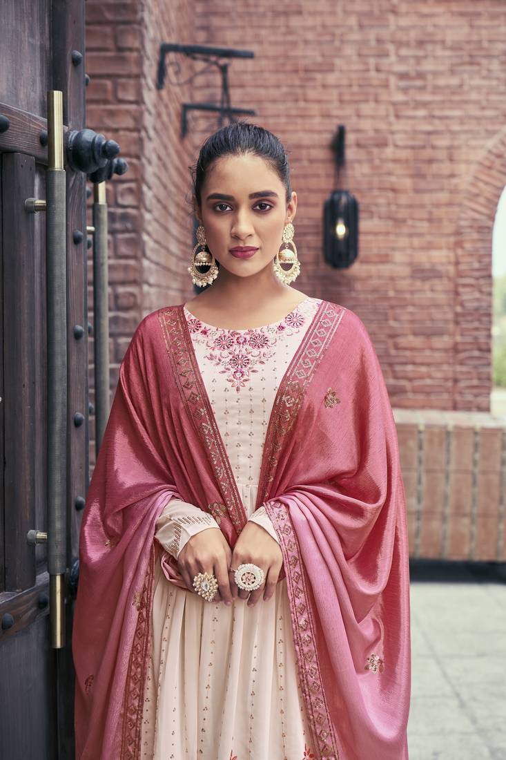 BABY PINK THREAD AND SEQUINCE EMBROIDERED WITH MIRROR WORK GEORGETTE ANARKALI LONG SALWAR SUIT DUPATTA STITCHED GOWN