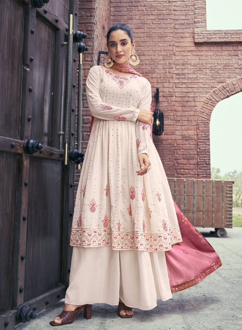 BABY PINK THREAD AND SEQUINCE EMBROIDERED WITH MIRROR WORK GEORGETTE ANARKALI LONG SALWAR SUIT DUPATTA STITCHED GOWN