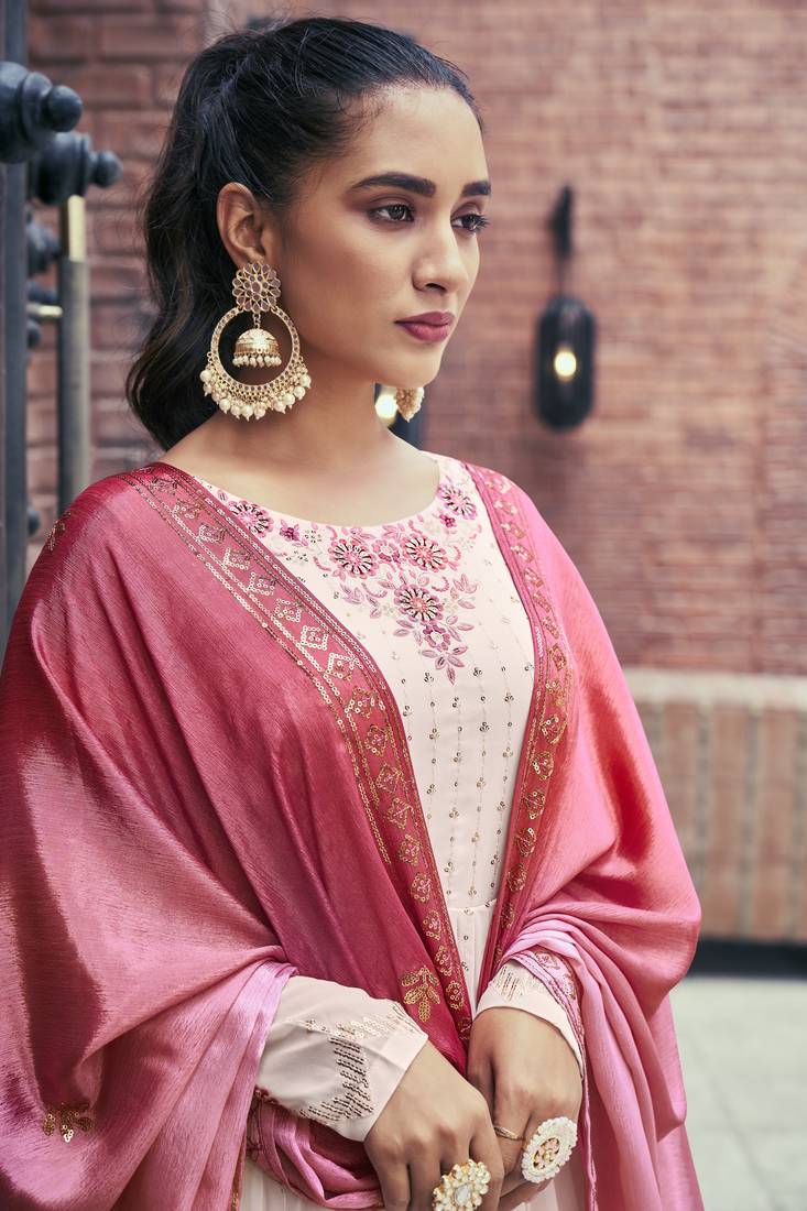 BABY PINK THREAD AND SEQUINCE EMBROIDERED WITH MIRROR WORK GEORGETTE ANARKALI LONG SALWAR SUIT DUPATTA STITCHED GOWN