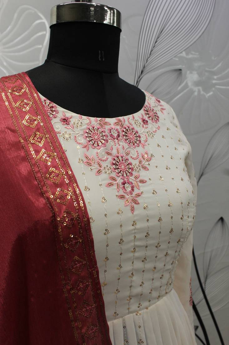 BABY PINK THREAD AND SEQUINCE EMBROIDERED WITH MIRROR WORK GEORGETTE ANARKALI LONG SALWAR SUIT DUPATTA STITCHED GOWN