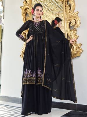 DARK BLUE THREAD AND SEQUINCE EMBROIDERED WORK GEORGETTE ANARKALI LONG SALWAR SUIT DUPATTA STITCHED GOWN 1