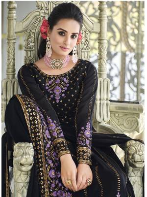 DARK BLUE THREAD AND SEQUINCE EMBROIDERED WORK GEORGETTE ANARKALI LONG SALWAR SUIT DUPATTA STITCHED GOWN 2