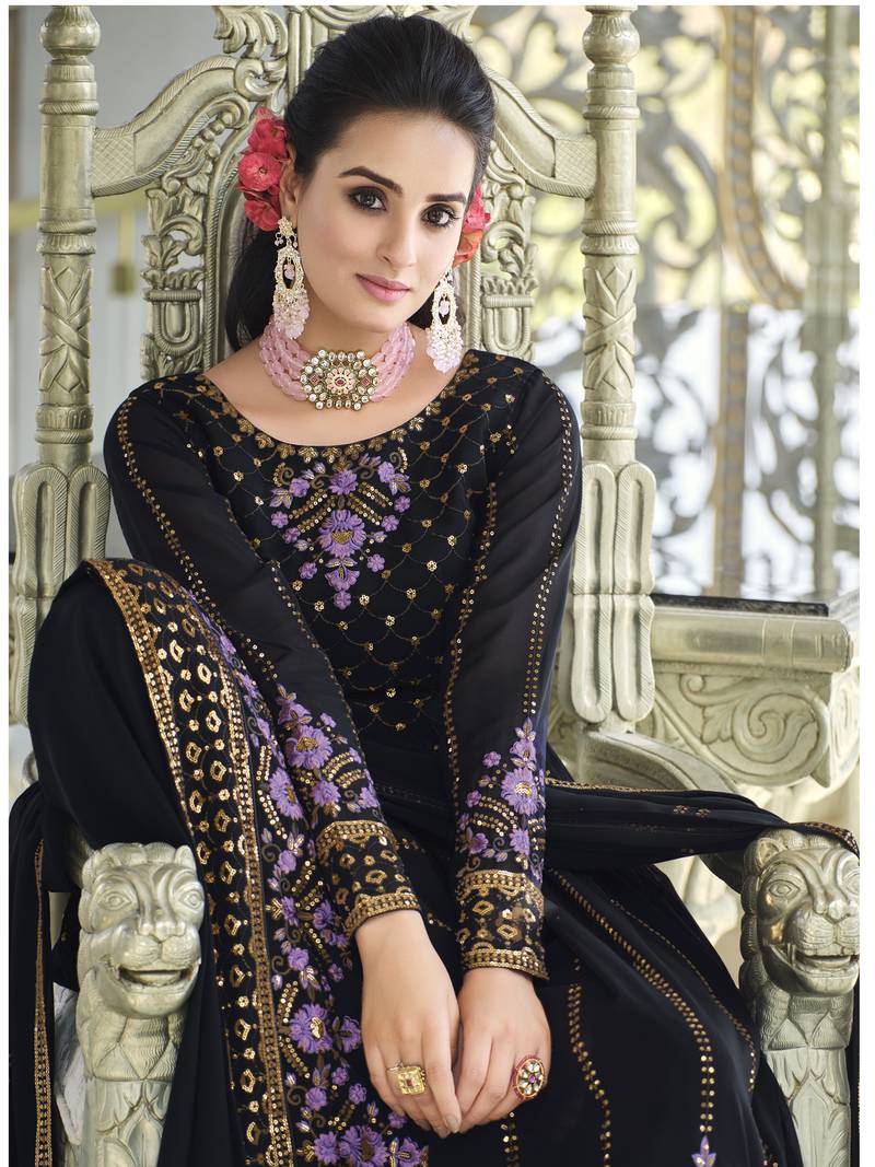 DARK BLUE THREAD AND SEQUINCE EMBROIDERED WORK GEORGETTE ANARKALI LONG SALWAR SUIT DUPATTA STITCHED GOWN