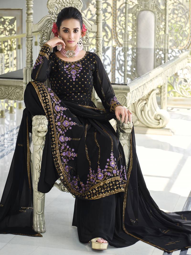 DARK BLUE THREAD AND SEQUINCE EMBROIDERED WORK GEORGETTE ANARKALI LONG SALWAR SUIT DUPATTA STITCHED GOWN