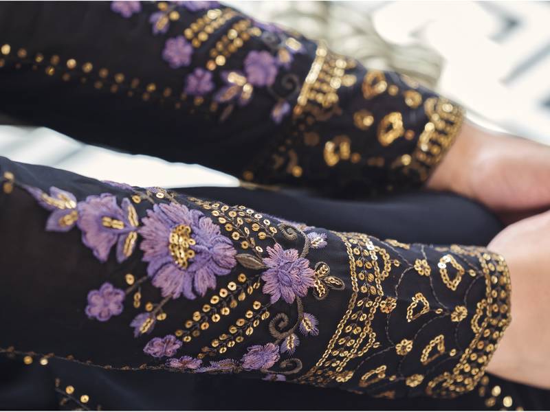 DARK BLUE THREAD AND SEQUINCE EMBROIDERED WORK GEORGETTE ANARKALI LONG SALWAR SUIT DUPATTA STITCHED GOWN