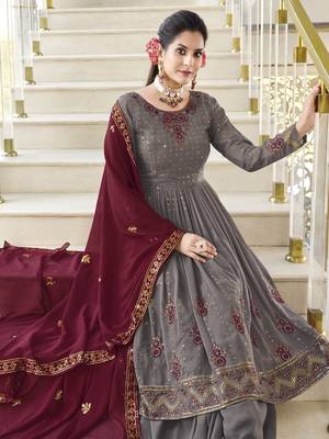 GREY THREAD AND SEQUINCE EMBROIDERED WORK GEORGETTE ANARKALI LONG SALWAR SUIT DUPATTA STITCHED GOWN 2