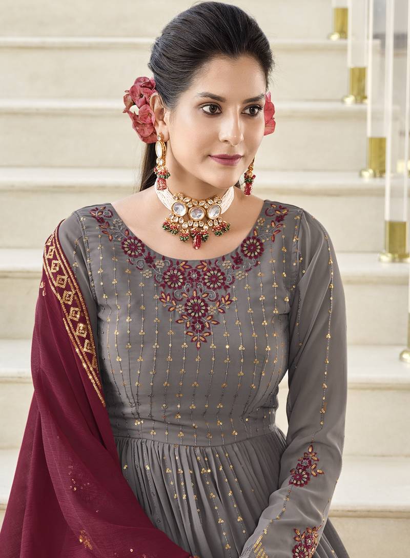 GREY THREAD AND SEQUINCE EMBROIDERED WORK GEORGETTE ANARKALI LONG SALWAR SUIT DUPATTA STITCHED GOWN