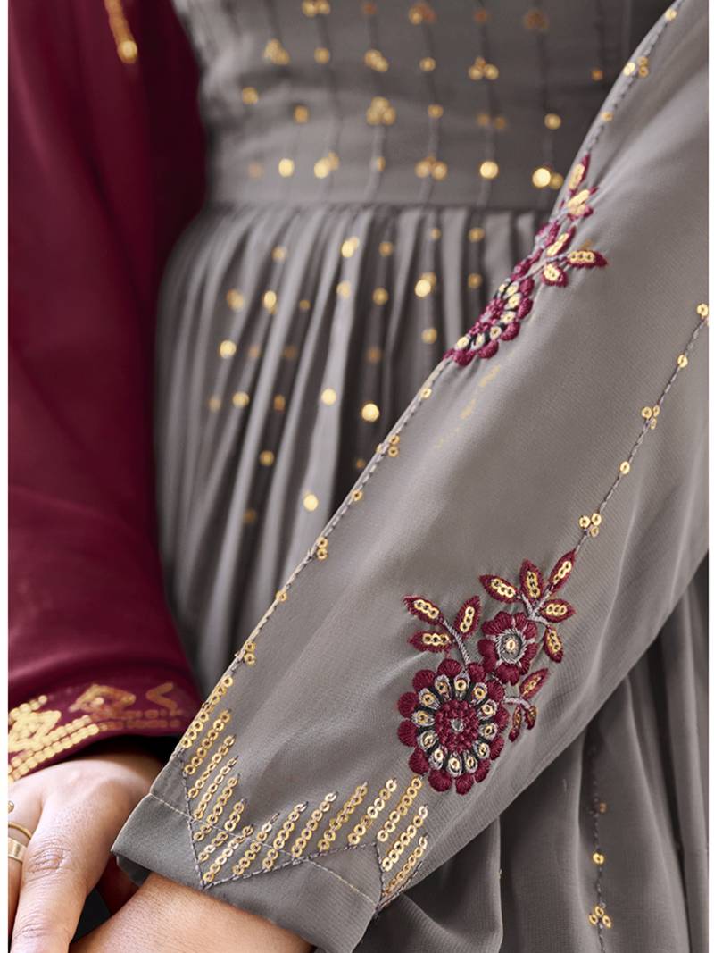 GREY THREAD AND SEQUINCE EMBROIDERED WORK GEORGETTE ANARKALI LONG SALWAR SUIT DUPATTA STITCHED GOWN