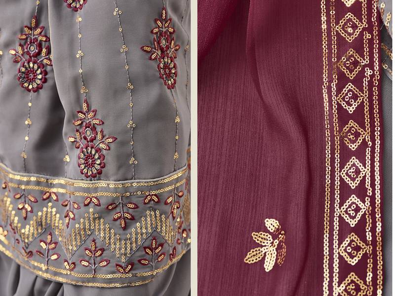 GREY THREAD AND SEQUINCE EMBROIDERED WORK GEORGETTE ANARKALI LONG SALWAR SUIT DUPATTA STITCHED GOWN